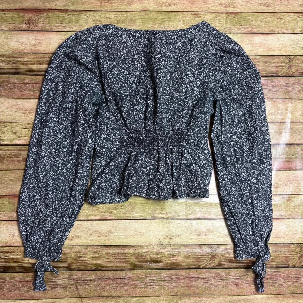 Free People Sienna Ditsy Floral Smocked Waist Button Front Blouse Black XS